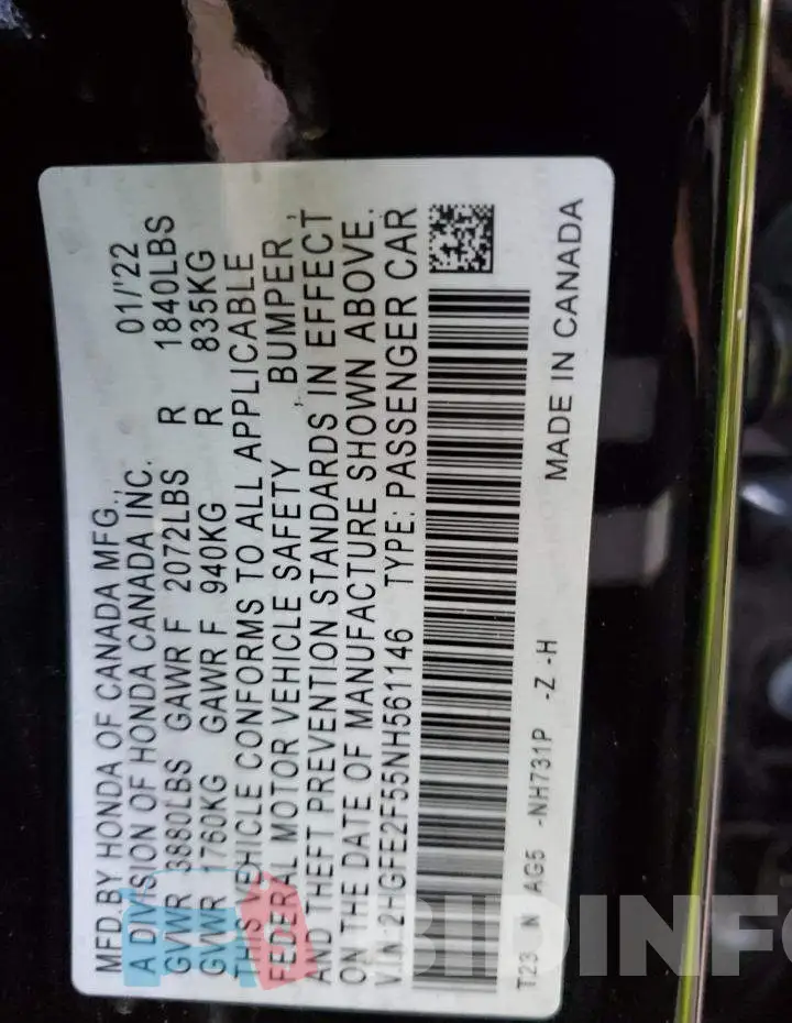 2HGFE2F55NH561146 Photo# 12