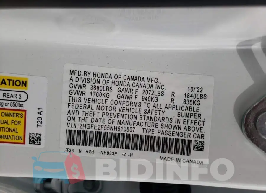 2HGFE2F55NH610507 Photo# 12