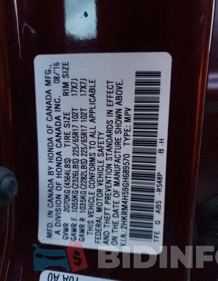 2HKRM4H59GH689570 Photo# 13