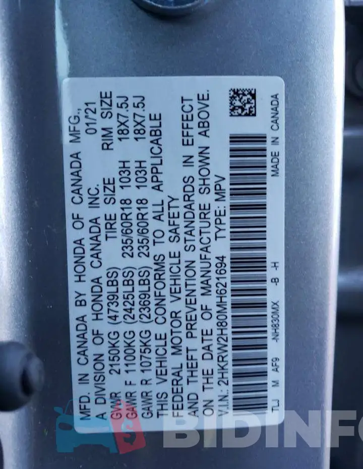 2HKRW2H80MH621694 Photo# 14