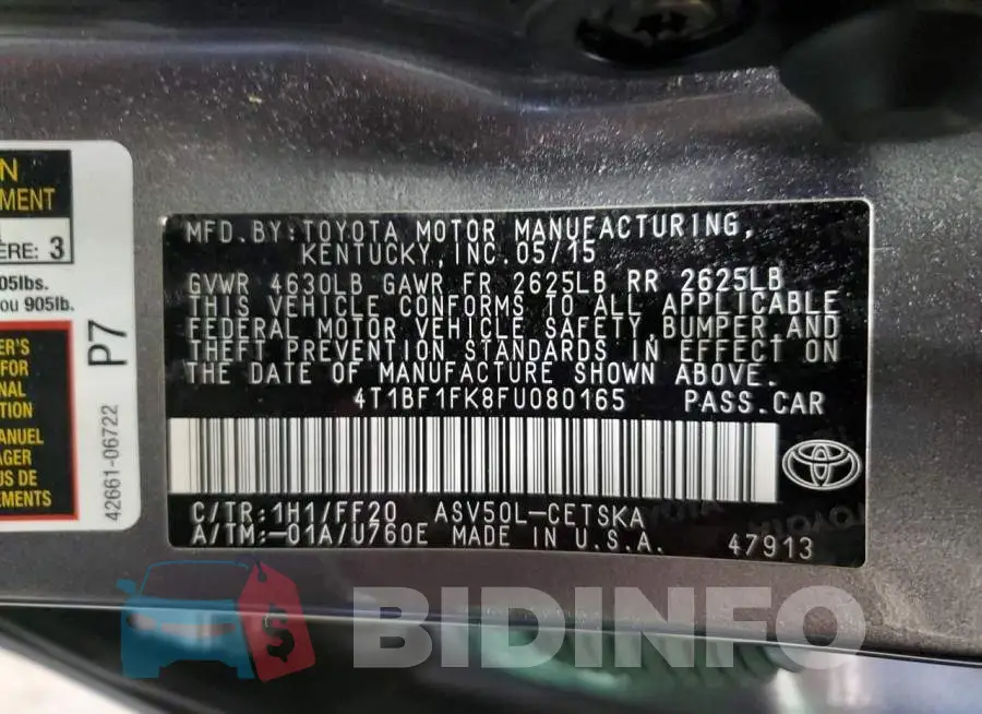 4T1BF1FK8FU080165 Photo# 12