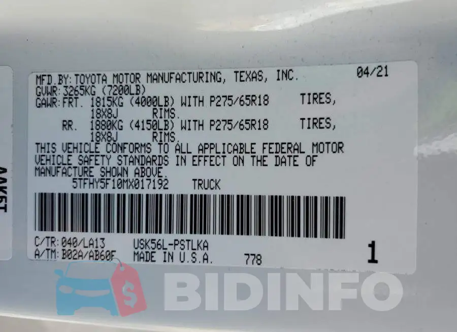 5TFHY5F10MX017192 Photo# 13