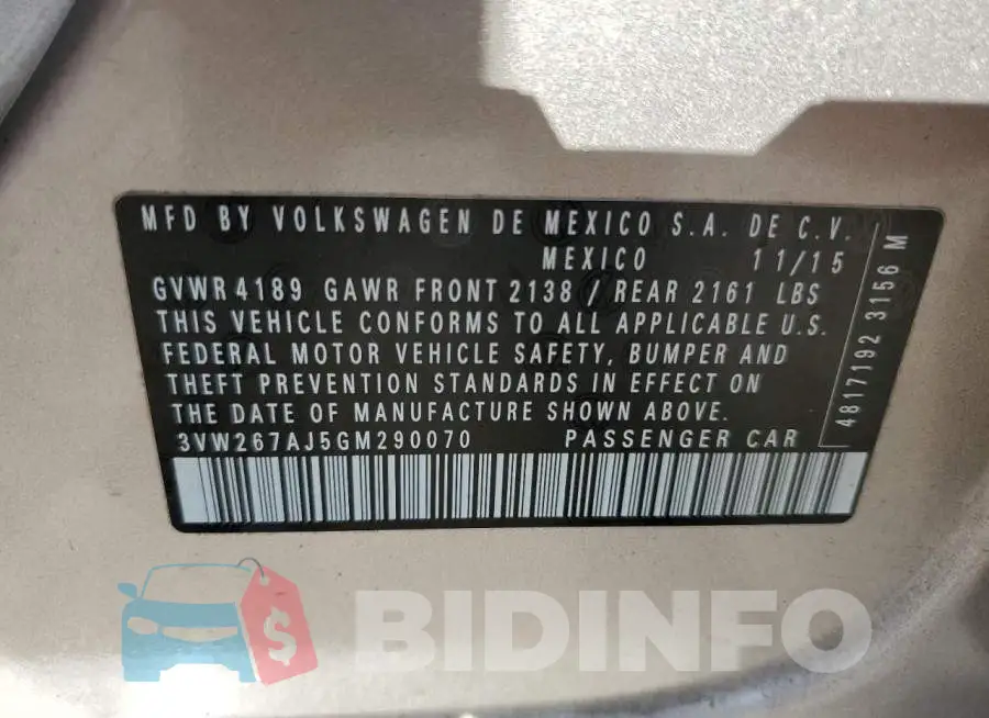 3VW267AJ5GM290070 Photo# 10