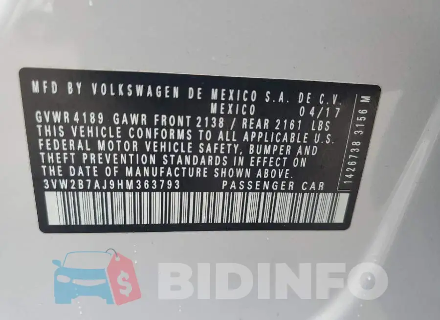 3VW2B7AJ9HM363793 Photo# 12