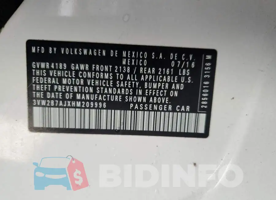 3VW2B7AJXHM209996 Photo# 12