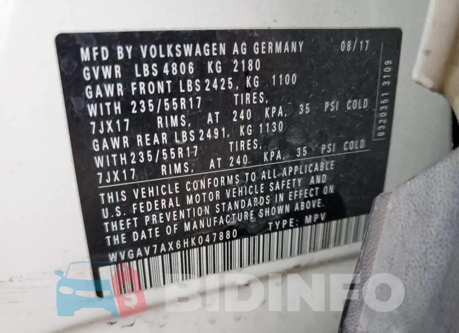 WVGAV7AX6HK047880 Photo# 14