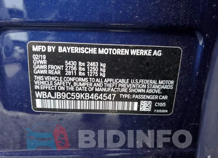 WBAJB9C59KB464547 Photo# 12