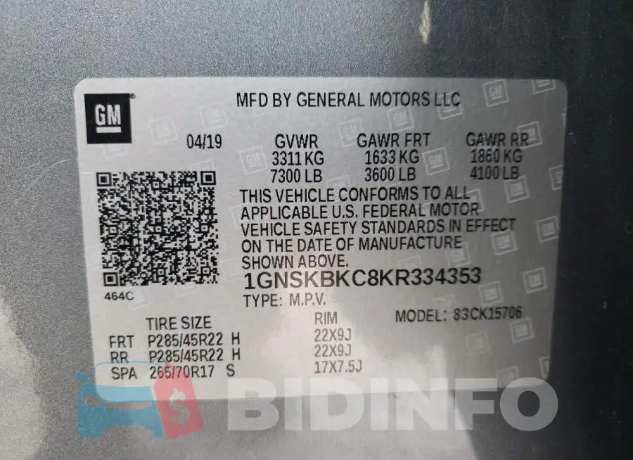 1GNSKBKC8KR334353 Photo# 15