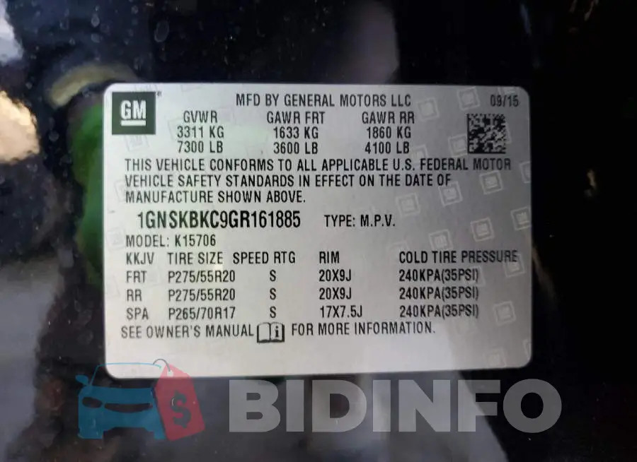 1GNSKBKC9GR161885 Photo# 13
