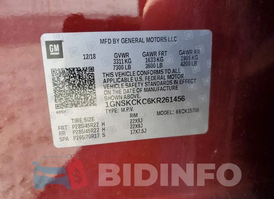 1GNSKCKC6KR261456 Photo# 13