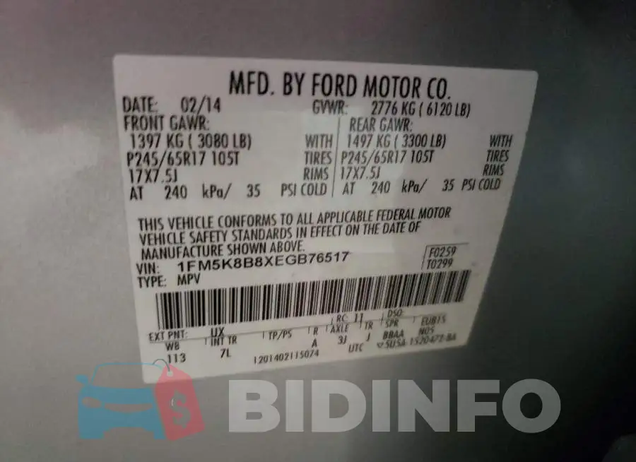 1FM5K8B8XEGB76517 Photo# 13