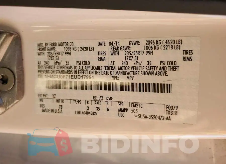 1FMCU0F71EUD17951 Photo# 13