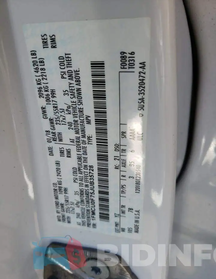 1FMCU0F75JUB35728 Photo# 10
