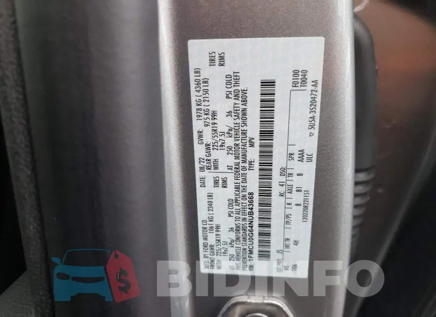 1FMCU0G64NUB43668 Photo# 14
