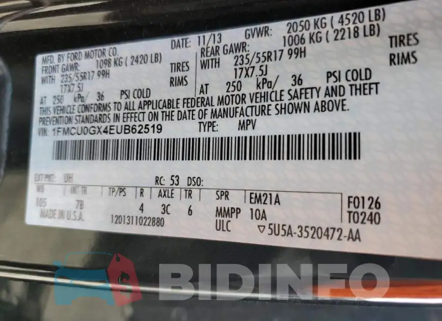 1FMCU0GX4EUB62519 Photo# 12