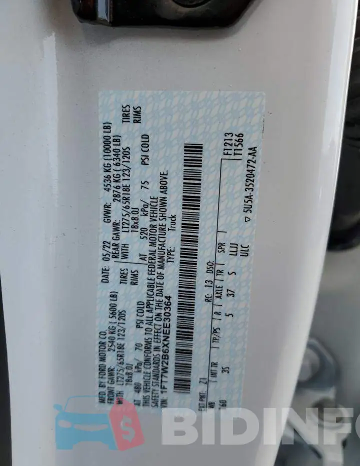 1FT7W2B6XNEE30364 Photo# 12
