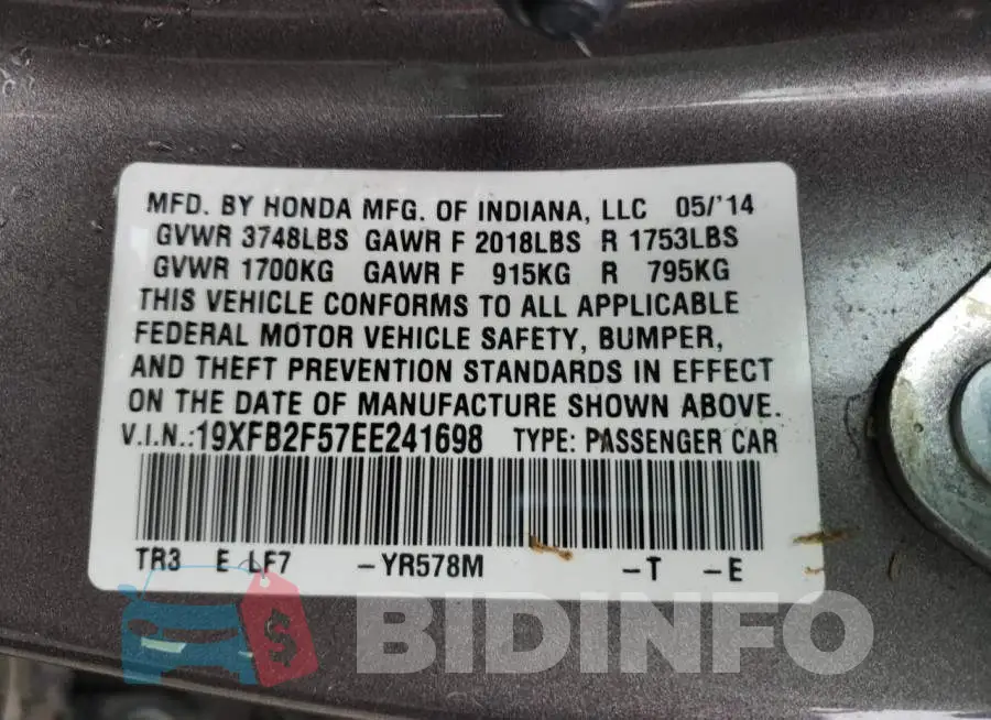 19XFB2F57EE241698 Photo# 12