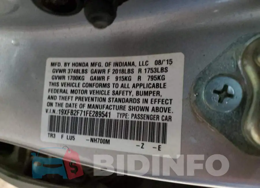 19XFB2F71FE289541 Photo# 12