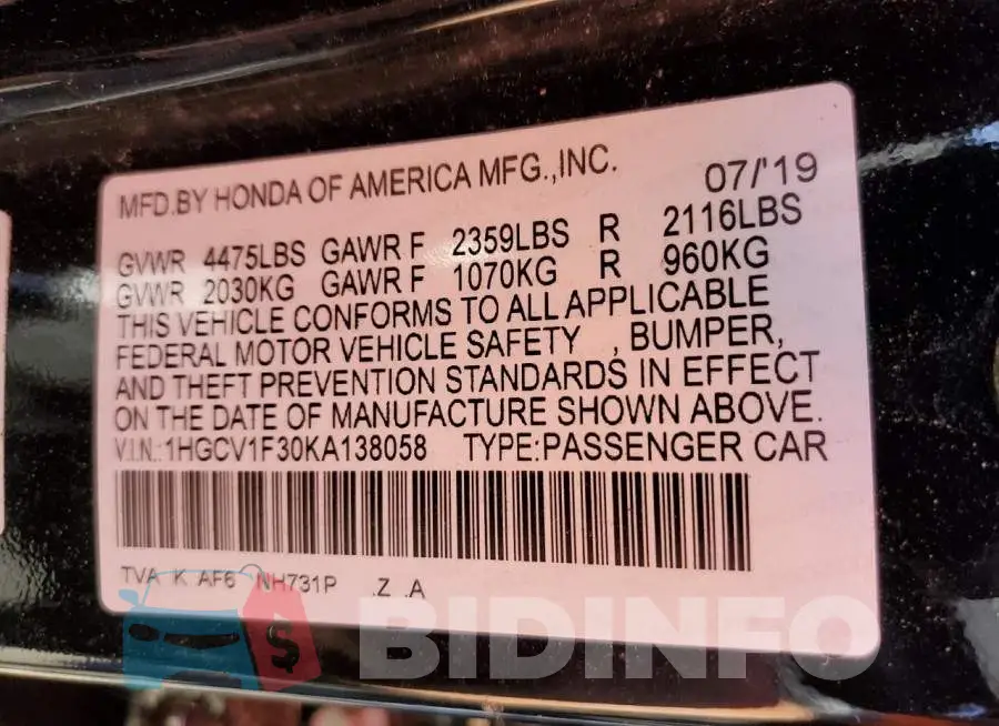 1HGCV1F30KA138058 Photo# 13