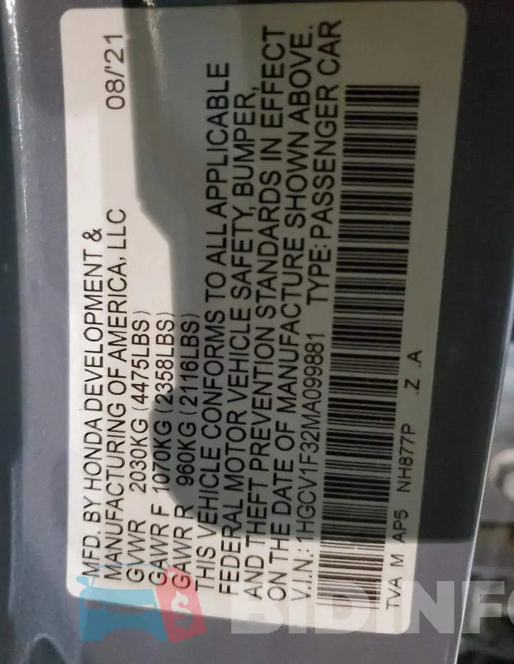 1HGCV1F32MA099881 Photo# 12