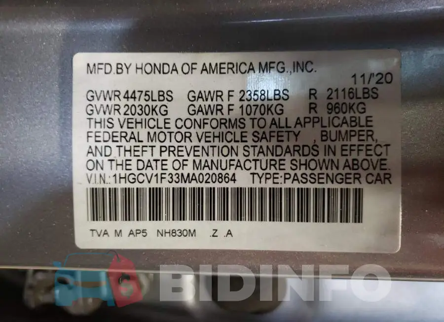1HGCV1F33MA020864 Photo# 10