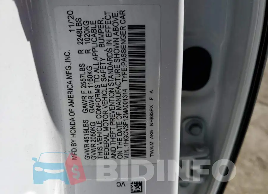 1HGCV3F12MA001314 Photo# 10