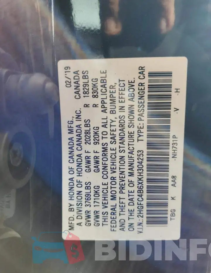 2HGFC4B6XKH304253 Photo# 12
