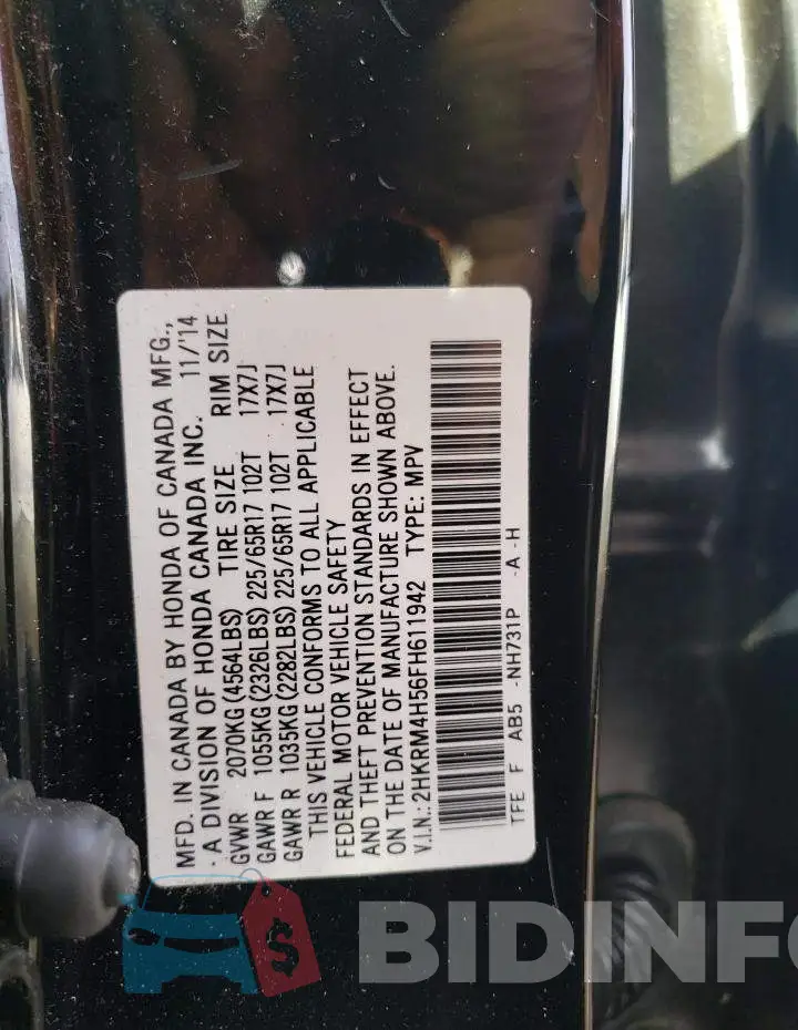 2HKRM4H56FH611942 Photo# 10