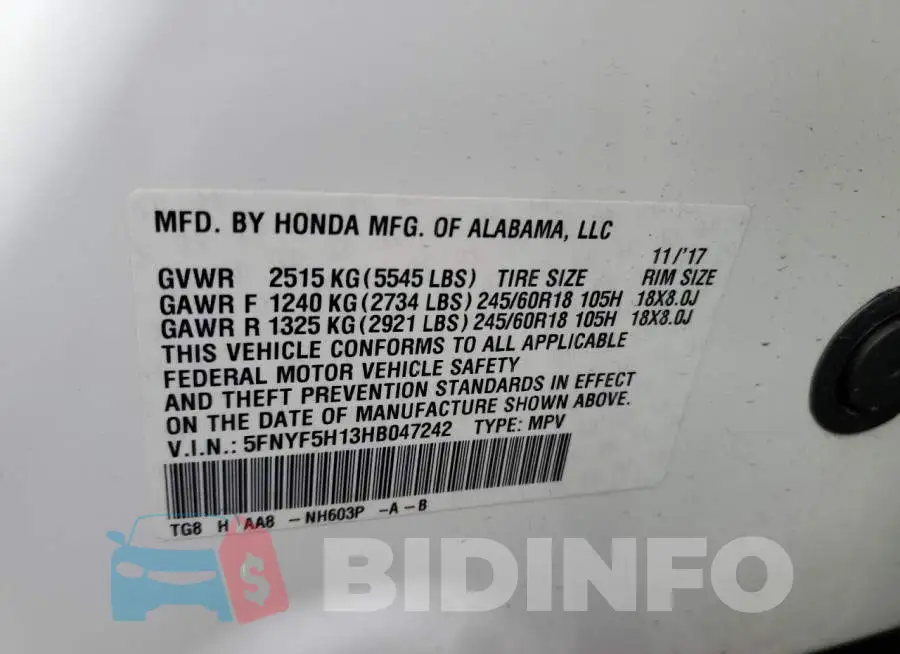5FNYF5H13HB047242 Photo# 12