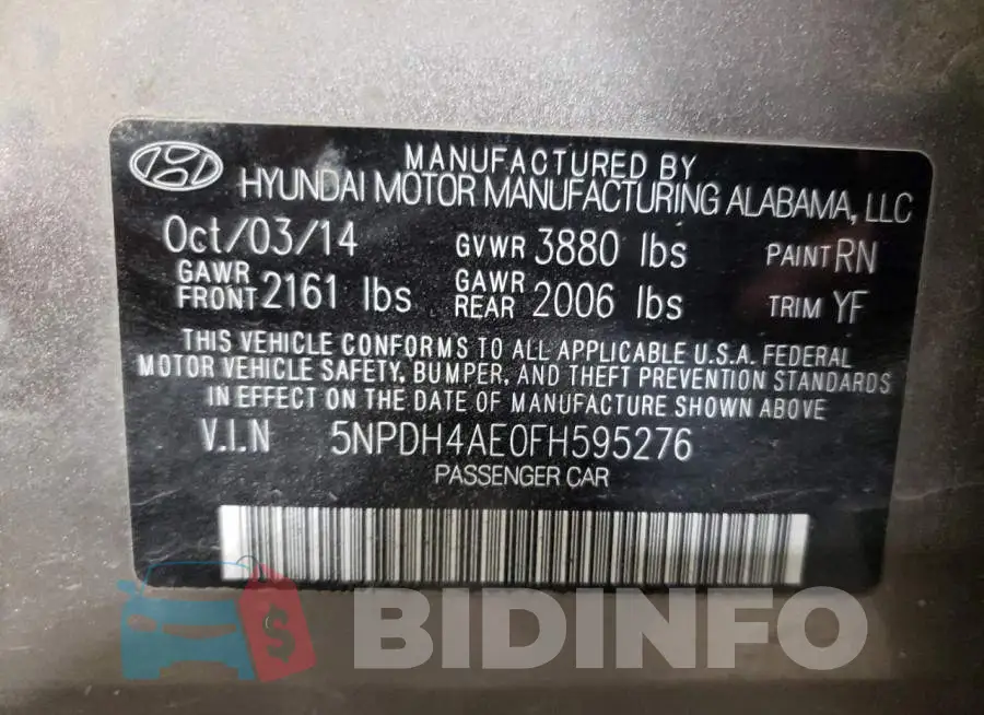 5NPDH4AE0FH595276 Photo# 13
