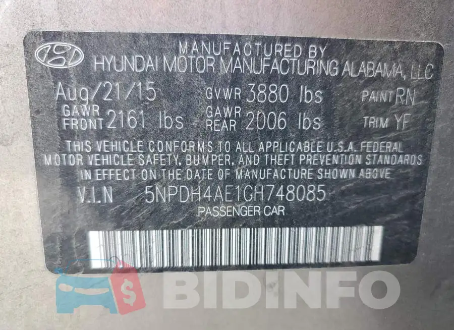 5NPDH4AE1GH748085 Photo# 12