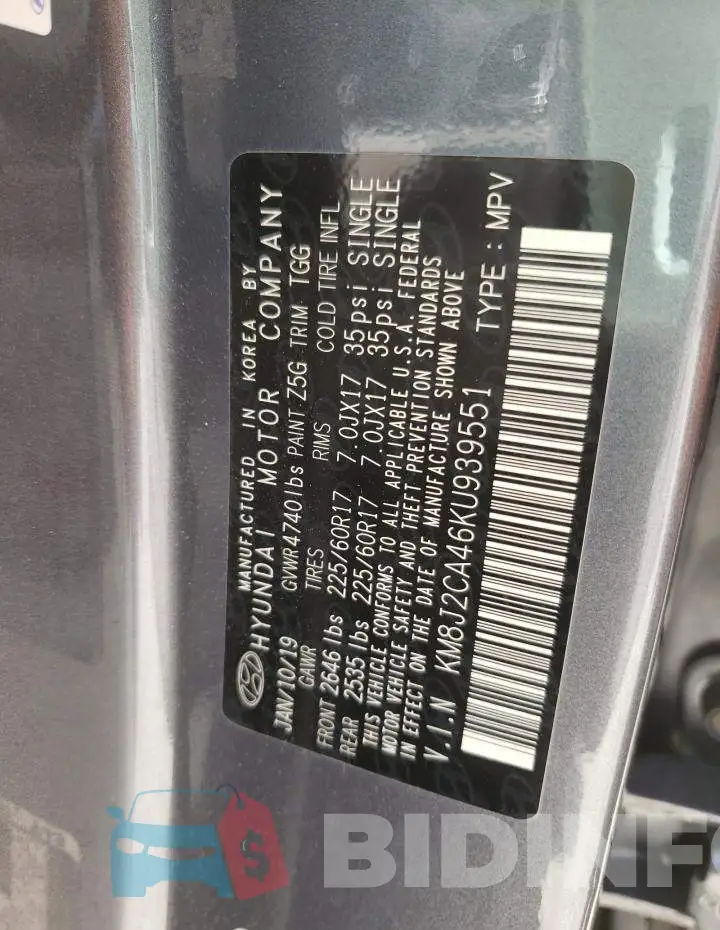 KM8J2CA46KU939551 Photo# 14