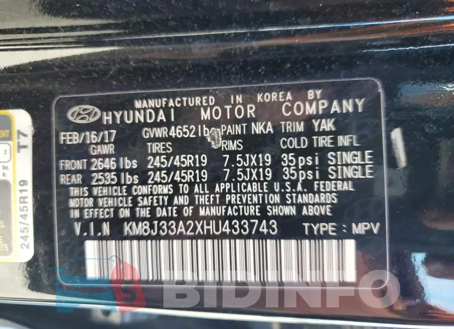 KM8J33A2XHU433743 Photo# 13