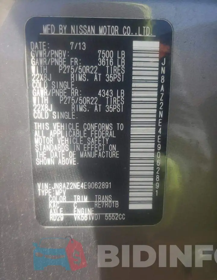 JN8AZ2NE4E9062891 Photo# 14