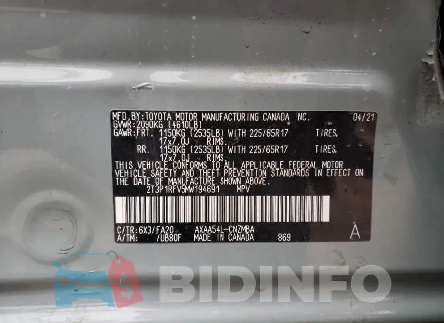 2T3P1RFV5MW194691 Photo# 13