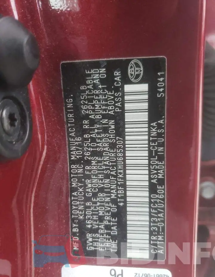 4T1BF1FKXHU685307 Photo# 12