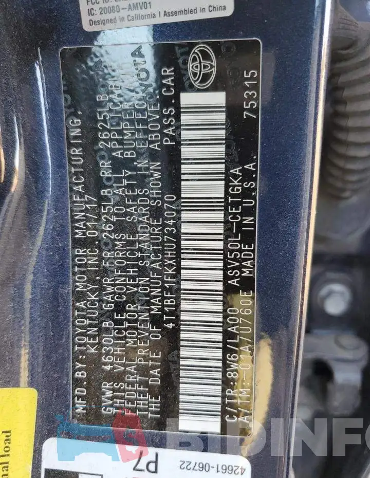4T1BF1FKXHU734070 Photo# 12