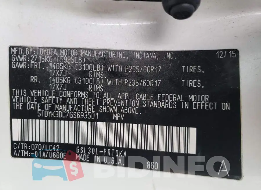 5TDYK3DC7GS693501 Photo# 14