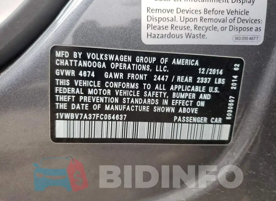 1VWBV7A37FC054637 Photo# 12
