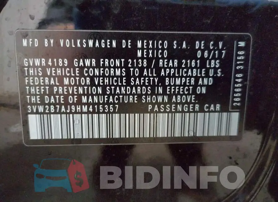 3VW2B7AJ9HM415357 Photo# 12
