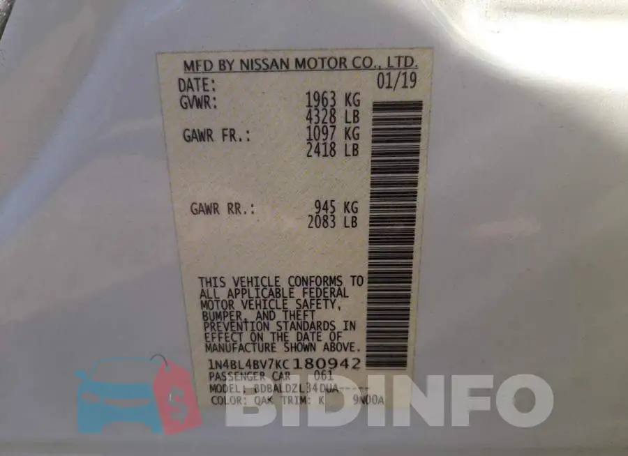 1N4BL4BV7KC180942 Photo# 10