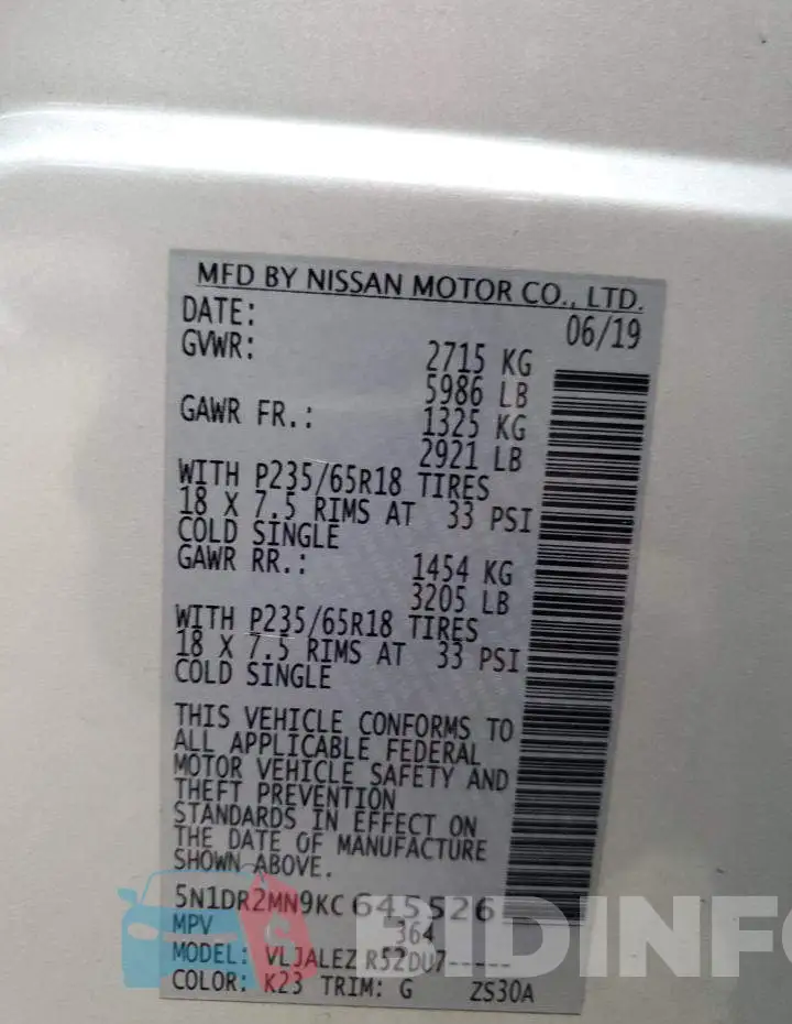 5N1DR2MN9KC645526 Photo# 13