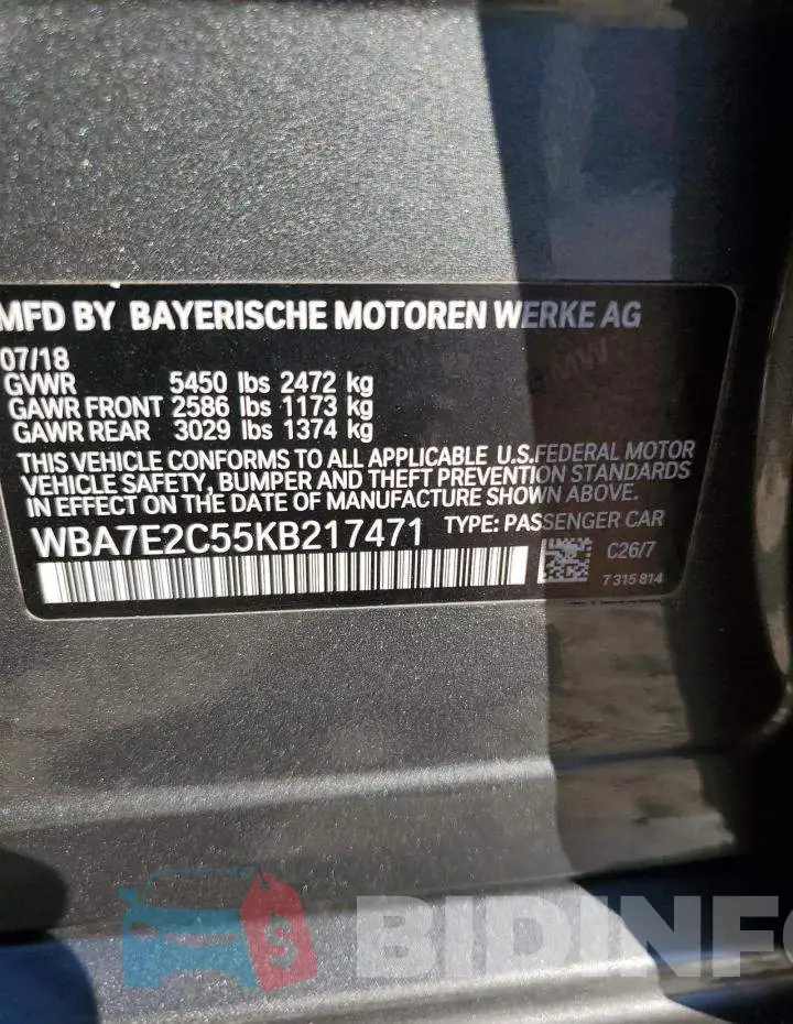 WBA7E2C55KB217471 Photo# 12