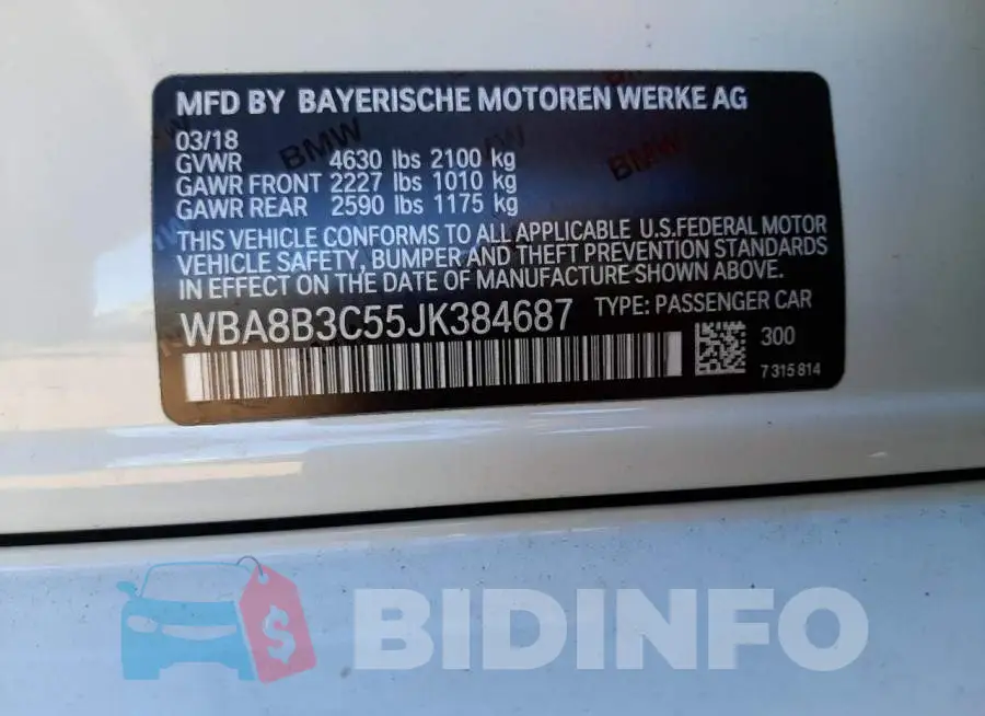 WBA8B3C55JK384687 Photo# 12