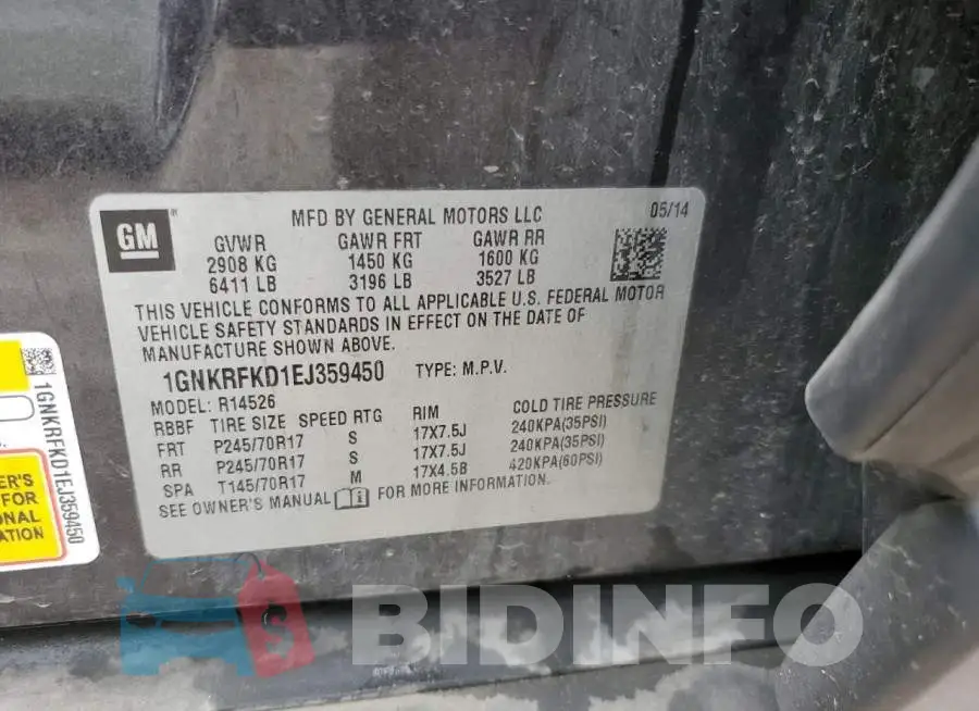 1GNKRFKD1EJ359450 Photo# 13