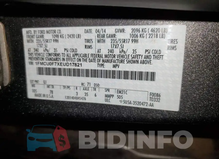 1FMCU0F7XEUD17821 Photo# 14