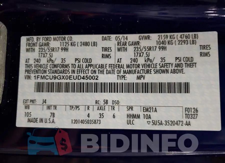 1FMCU9GX0EUD45002 Photo# 13