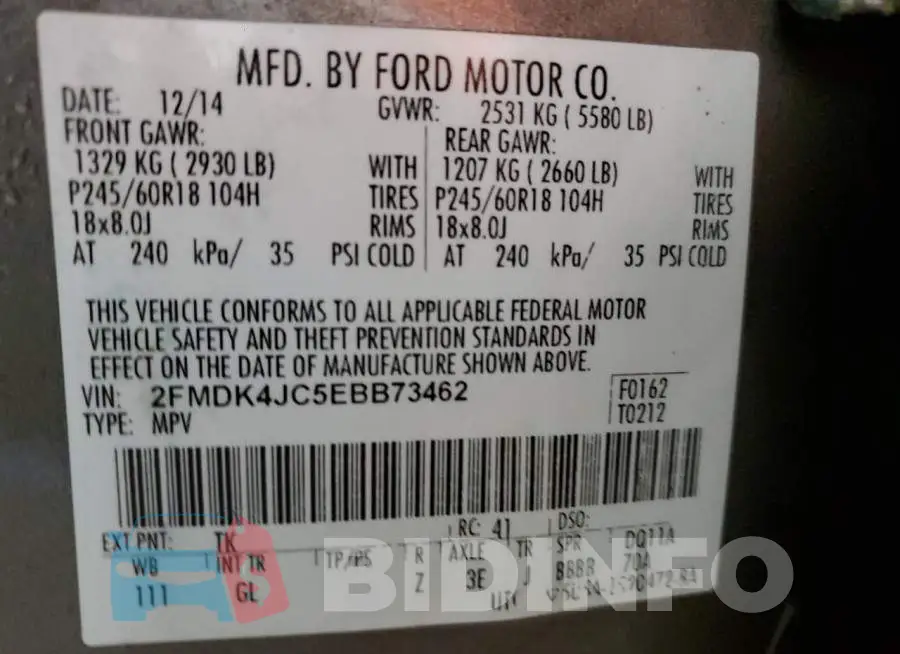 2FMDK4JC5EBB73462 Photo# 14