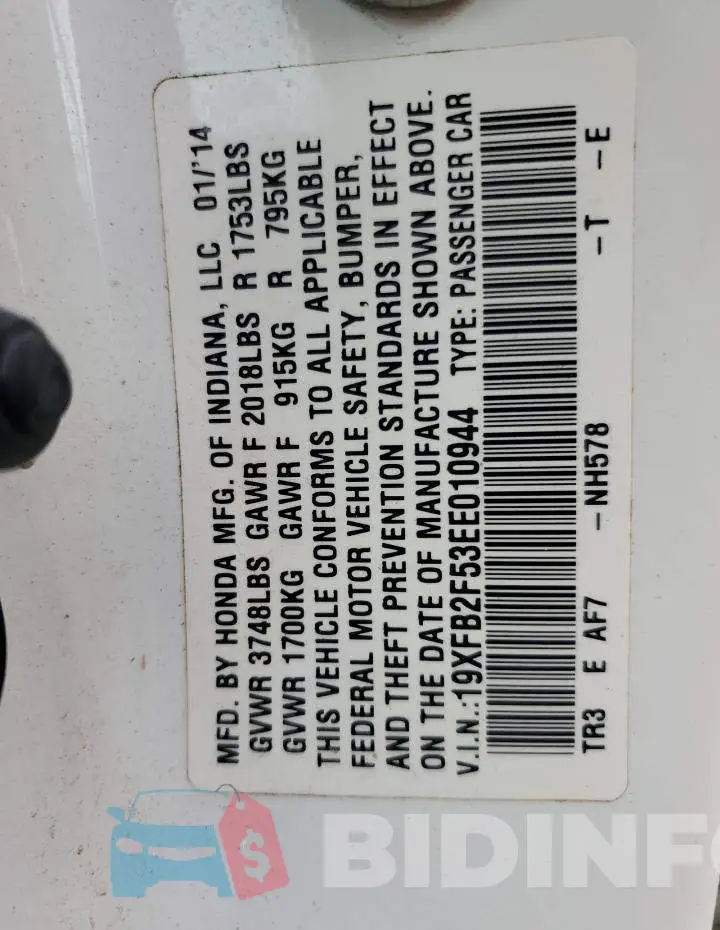 19XFB2F53EE010944 Photo# 13