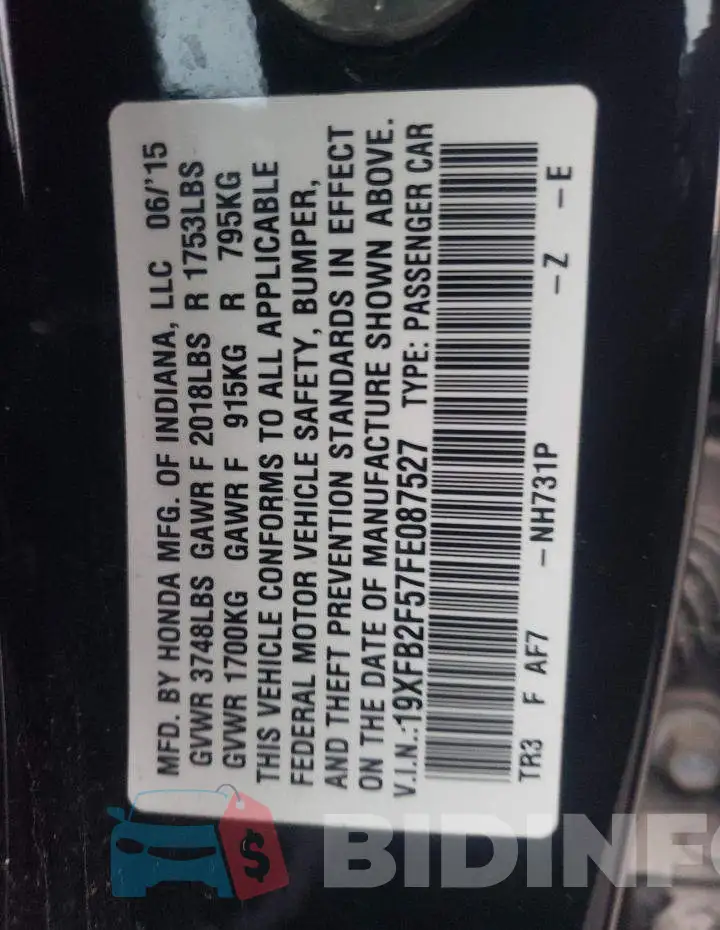 19XFB2F57FE087527 Photo# 13